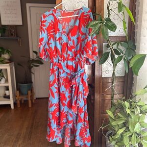 Vibrant Red and Blue Floral Midi Dress